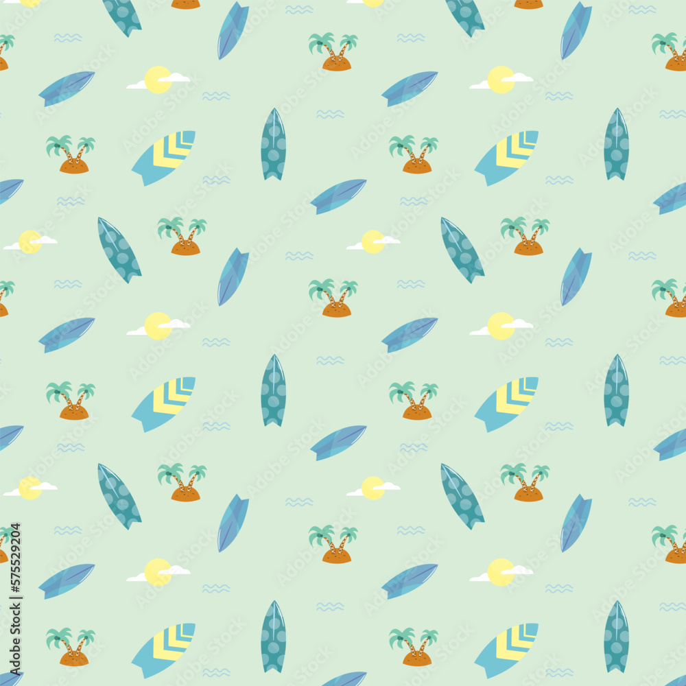 Palm tree, surfboard and sun seamless kids pattern. Vector hand drawn illustration. Creative kids texture for fabric, wrapping, textile, wallpaper, apparel etc. Palm tree, surfboard and sun seamless kids pattern. Vector hand drawn illustration. Creative kids texture for fabric, wrapping, textile, wallpaper, apparel etc.