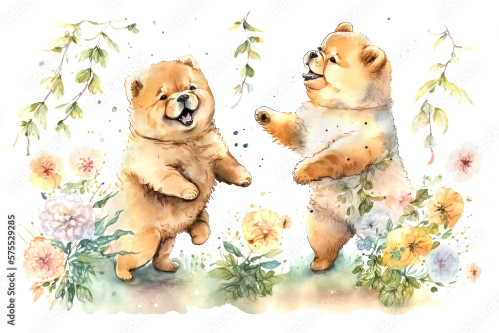 Two smiling chow chow puppies dancing with spring flowers. Digital watercolor cartoon over generative ai.
