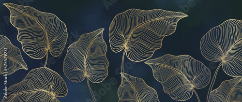 Stylish luxury vector illustration with golden palm leaves on dark blue background for decor, covers, backgrounds, wallpapers