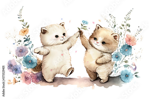 Two smiling ragdoll kittens dancing in a spring flower garden. Digital watercolor cartoon over generative ai.