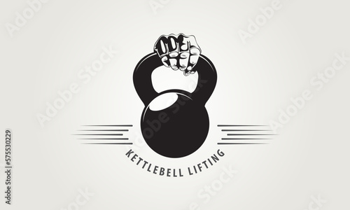 Abstract monotonous illustration. The hand holds a kettlebell. Logo.