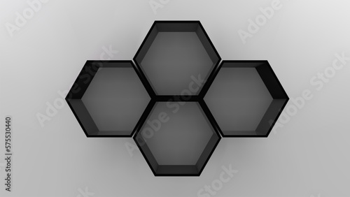 Four black empty hexagon shelves on white wall 3D mockup. Shop, gallery plastic or wooden showcase to present product. Blank retail storage space. Interior design furniture. Living room bookshelf