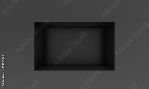 Empty niche or shelf on black wall 3D mockup. Shop, gallery plastic or wooden showcase to present product. Blank retail storage space. Interior design furniture. Living room bookshelf