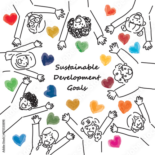 SDGsイメージのハートと世界の子供たちのCMYKシンプル線画（サークル）