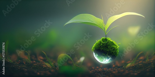 green nature background for earth day concept with plant seed in the forest growing on the planet and water around it