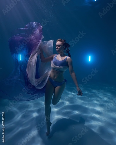 a young beautiful girl is swimming in a pool under water fashion fabric on a dark blue background like in the sea