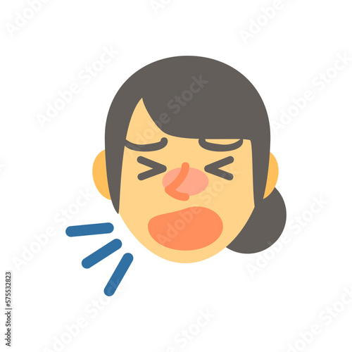 くしゃみをするアジア人女性の顔。フラットなベクターイラスト。 An Asian female's face sneezing. Flat designed vector illustration.
