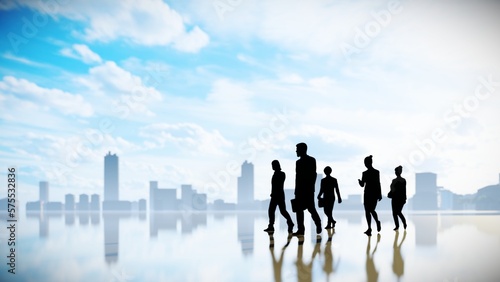 Black body shape graphics,businessman group walking on reflection ground,3D rendering with urban background.