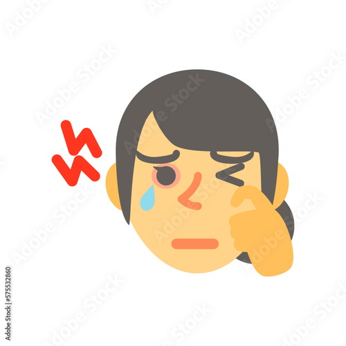 目が充血して痒いアジア人女性の顔。フラットなベクターイラスト。 An Asian female’s face with itchy and bloodshot eyes. Flat designed vector illustration.
