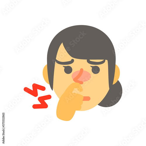 鼻が痒いアジア人女性の顔。フラットなベクターイラスト。 An Asian female’s face with an itchy nose. Flat designed vector illustration.
