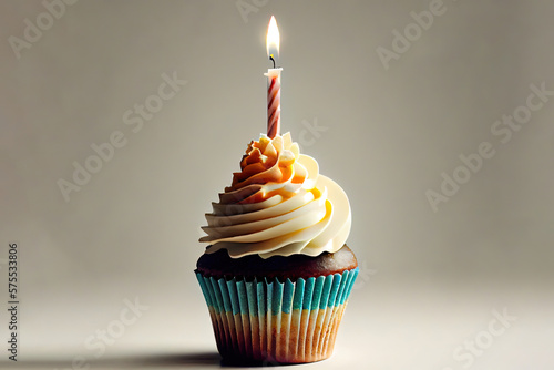 Birthday Cupcake With One Candle. Generative Ai