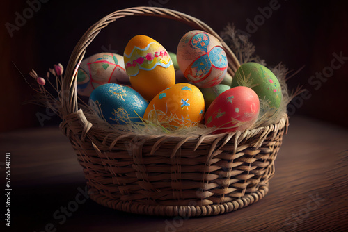 Close Up Of Easter Eggs In Basket. Generative Ai