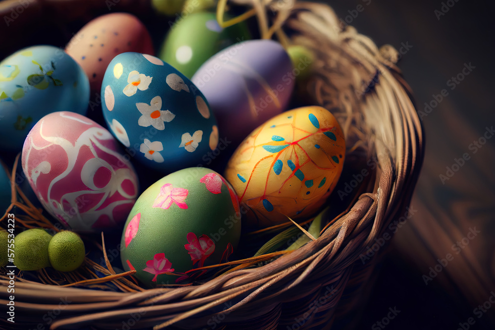 Close Up Of Easter Eggs In Basket. Generative Ai