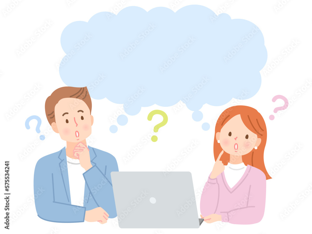 PCを見ながら考える表情の若い夫婦のイラスト素材 PCを見ながら考える表情の若い夫婦のイラスト素材
