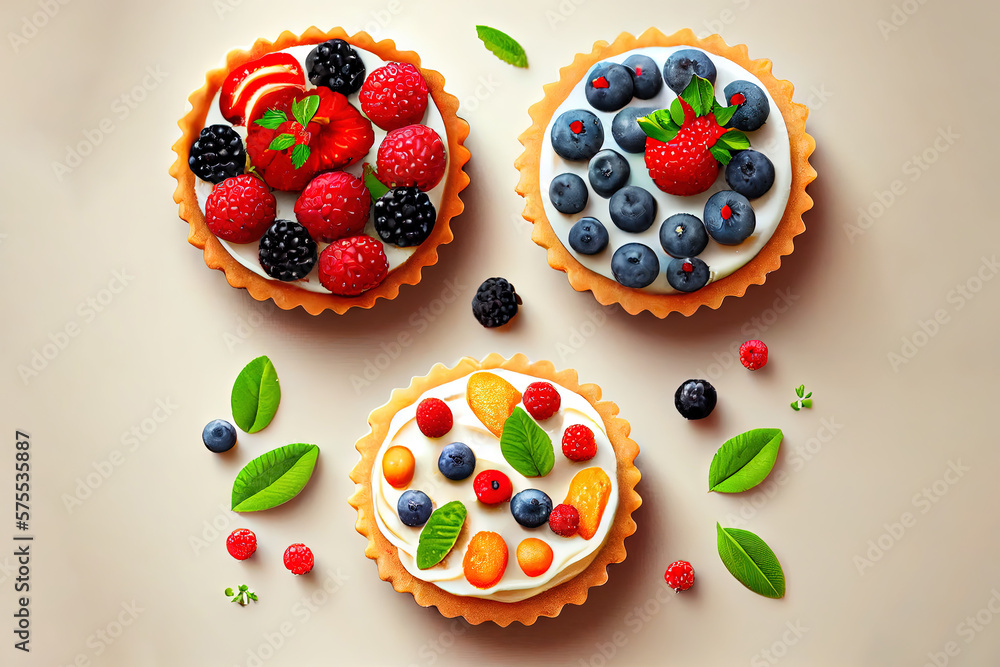 Healthy summer pastry dessert. Berry tartlets or cake with cream cheese top view. Generative Ai