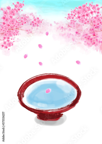 満開の桜を背景に盃に入った日本酒のある手描きイラスト