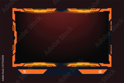 Streaming overlay frame and screen interface decoration. Futuristic gaming overlay vector with creative shapes. Live streaming overlay design with orange and dark color shapes for online gamers.