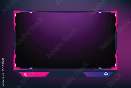 Live streaming button collection with offline screen panels. Streaming overlay design with pink and purple colors. Online gaming panel and broadcast border design. Live gaming screen overlay vector.