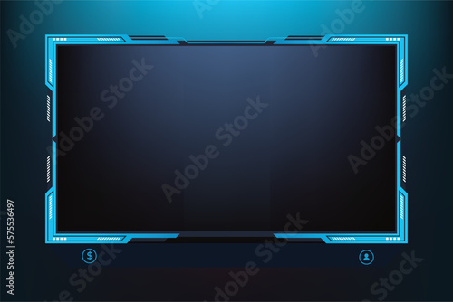 Futuristic live streaming overlay vector with blue and dark colors. Streaming panel overlay template design with abstract shapes. Live gaming screen panel and broadcast frame design for gamers.