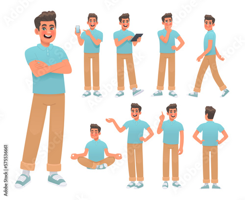 Set of young man character in various poses and actions. Happy guy thinks, meditates and uses gadgets