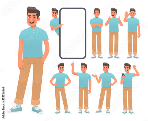 Set of male character in various poses and actions. Happy guy gesticulates, poses, points to a huge smartphone