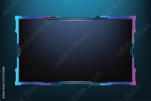 Colorful screen overlay frame design with purple and blue colors. Futuristic gaming overlay decoration for online gamers. Modern gaming broadcast screen interface vector on a dark background.