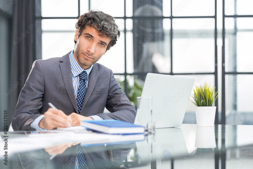 Portrait of young businessman sitting at his desk in the office. Portrait of young businessman sitting at his desk in the office.