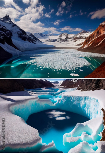 This AI-generated photo showcases the devastating effects of global warming on our planet  with a vivid depiction of the rapid melting of glaciers. The photo captures the stark beauty of the icy lands
