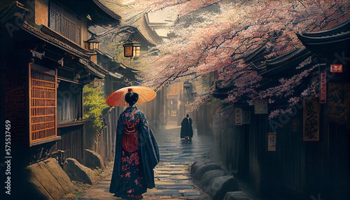 Beautiful back view of a woman wearing a kimono photo