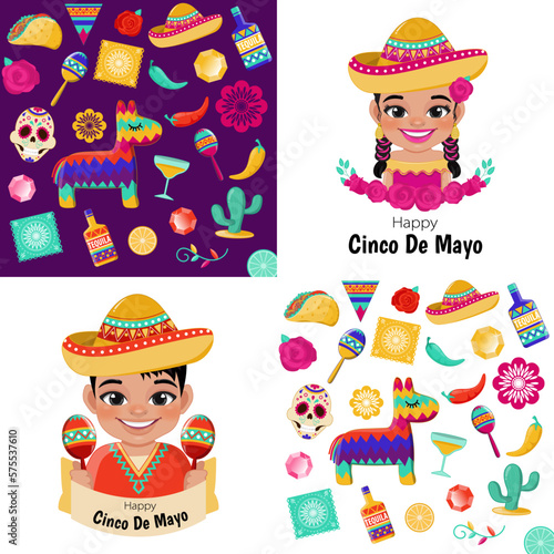 Cinco de Mayo in May 5 federal holiday in Mexico with boy girl in mexican outfits banner and Mexican elements background vector