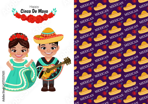 Cinco de Mayo in May 5 federal holiday in Mexico with kids in mexican outfits and mexican background card template vector