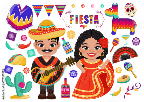 Cinco de Mayo Mexican Holiday with kids and elements set. Greeting card, poster and banner template design