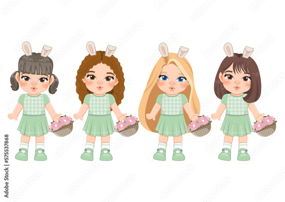Happy Easter Day with Bunny Girls Holding Spring Flower Basket Cartoon Character Happy Easter Day with Bunny Girls Holding Spring Flower Basket Cartoon Character