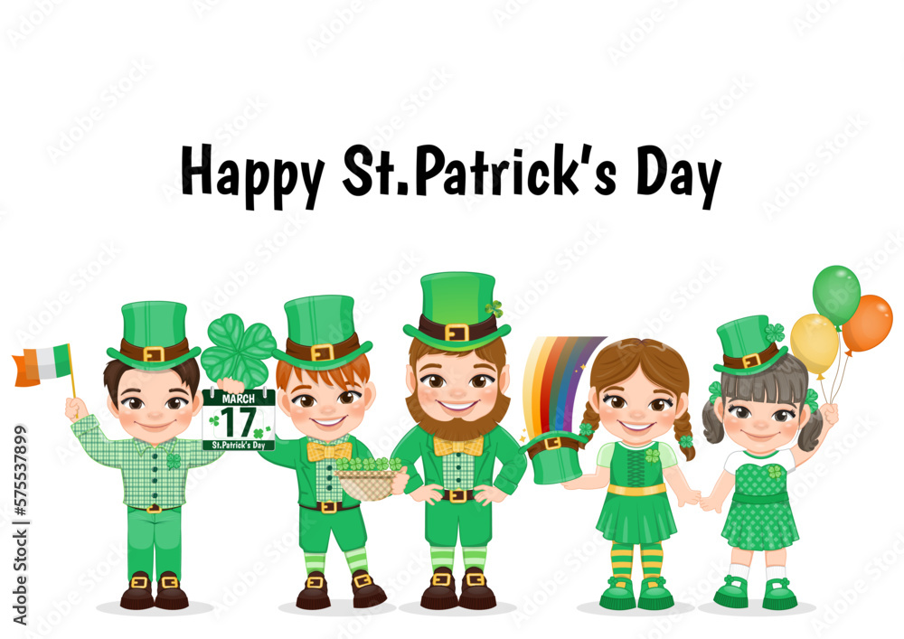 St. Patrick s Day Card template with leprechaun and kids in Irish costumes. Invitation card to an Irish party at the Pub cartoon character design vector St. Patrick s Day Card template with leprechaun and kids in Irish costumes. Invitation card to an Irish party at the Pub cartoon character design vector