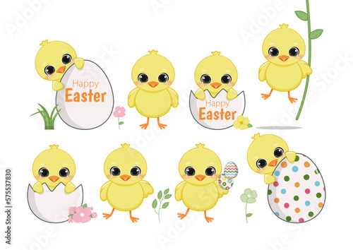 Happy Easter Day with Set of cute chicks. Funny yellow chicken in cracked eggs and eggs shell, cartoon characters, vector illustration, flat design