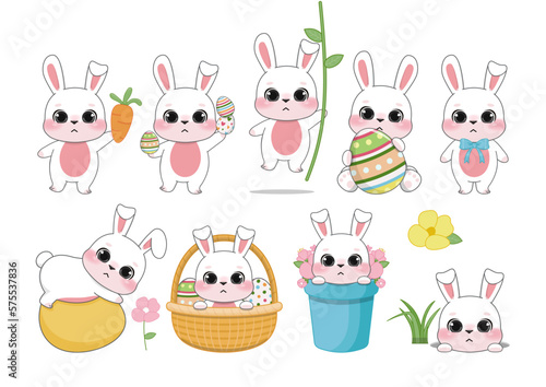 Happy Easter Day with Set of cute rabbits. Cute Bunny holding easter eggs, sitting in easter eggs basket and sitting in spring flower pot cartoon characters, vector illustration, flat design