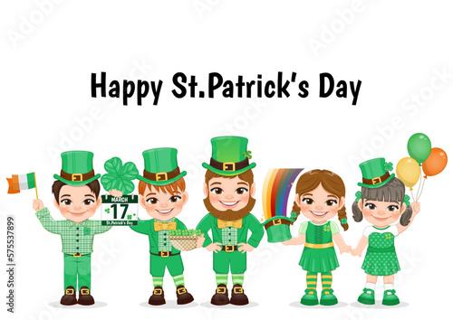 St. Patrick s Day Card template with leprechaun and kids in Irish costumes. Invitation card to an Irish party at the Pub cartoon character design vector