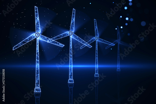 Innovative technologies and green energy concept with digital glowing windmills full of energy on abstract dark background with bright spots. 3D rendering © Who is Danny