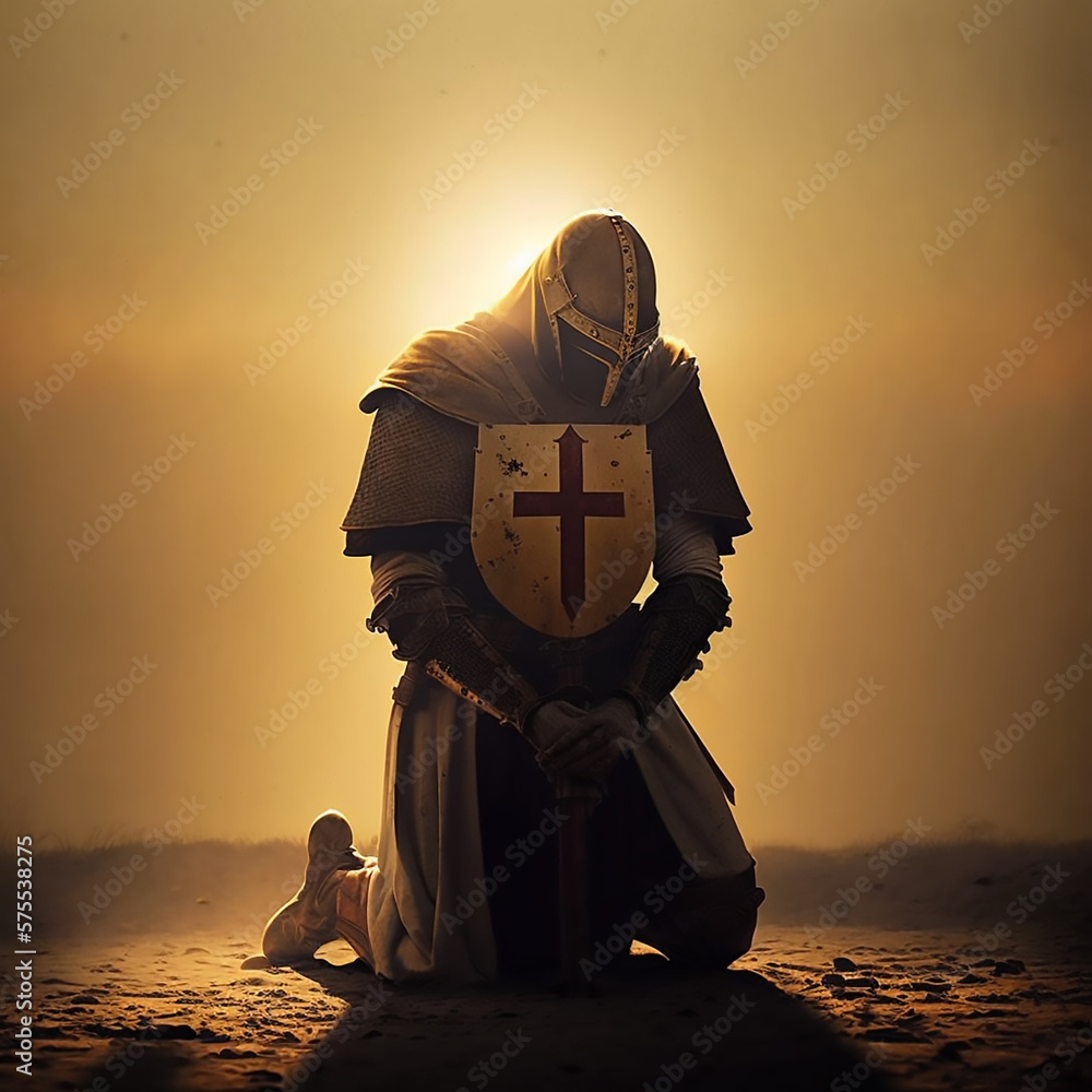 A wounded knights templar is on his knees praying to God - Generative ...