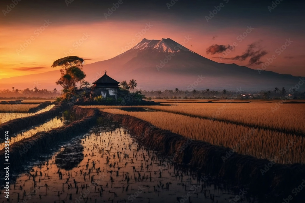 sunset views of mountains and rice fields in bali, generative ai