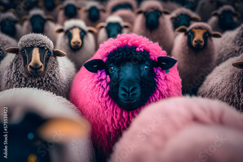 Pink sheep in a herd of other white. Be a white crow. To be different. Generative AI photo