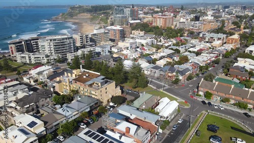 Aerial drone shot descending over the harbour city of Newcastle, NSW, Australia on a sunny day  photo