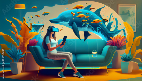 Lady taking VR headset and imaging in the sea world with dolphins and fish  © Sean Song