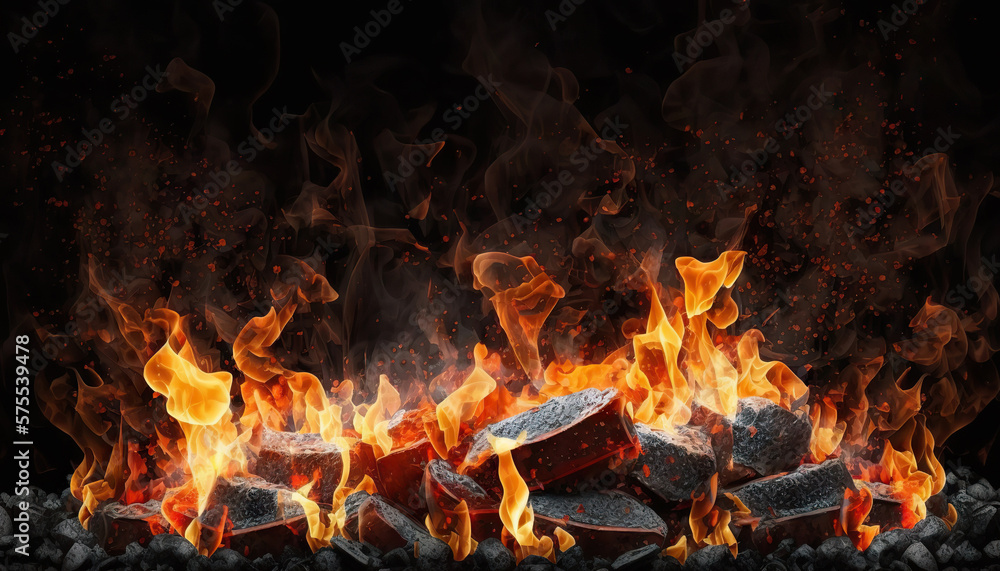 Burning charcoal for BBQ on black. Based on Generative AI Burning charcoal for BBQ on black. Based on Generative AI