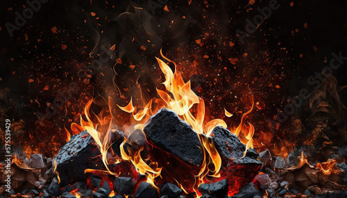 Canvastavla Burning charcoal for BBQ on black. Based on Generative AI
