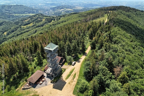 Czantoria border crossing in the mountains between Poland and the Czech Republic photographed from above by a drone