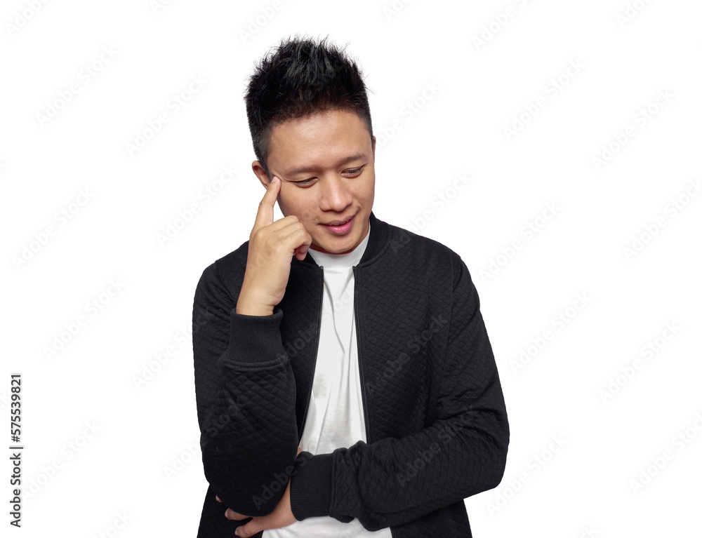 Handsome man thinking with fingers on head and folding hands on stomach Handsome man thinking with fingers on head and folding hands on stomach