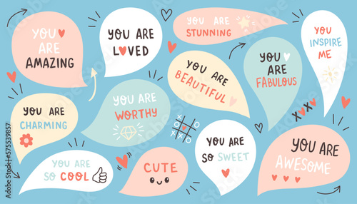 Set of speech bubbles with compliment phrases, self love quotes