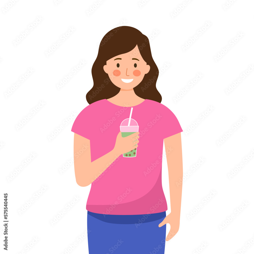 Woman enjoy drinking bubble milk tea in flat design on white background. Woman enjoy drinking bubble milk tea in flat design on white background.