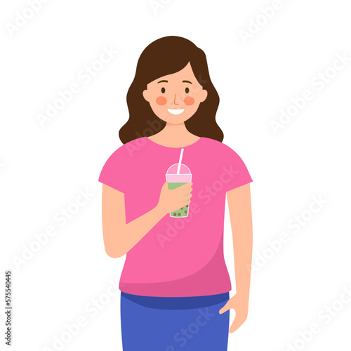 Woman enjoy drinking bubble milk tea in flat design on white background.